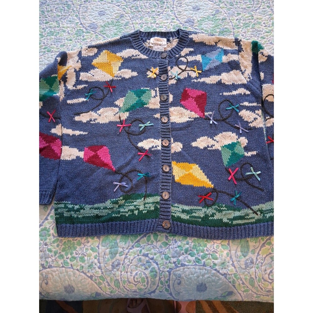 VTG Talbots Flying Kites Cardigan Hand Knit Cotton Linen  Cottagecore 90's